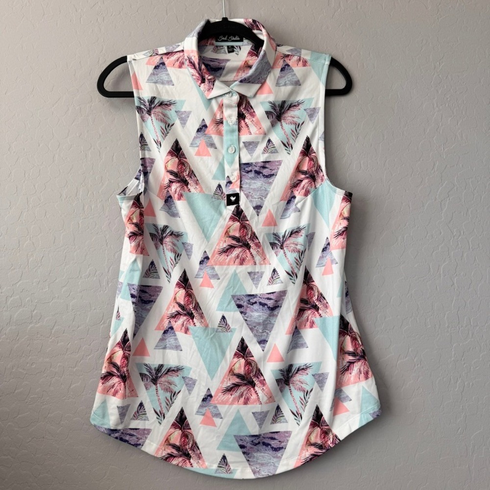 Bad Birdie XL Sleeveless Golf Polo White Pink Teal Palm Tree Geometric Print